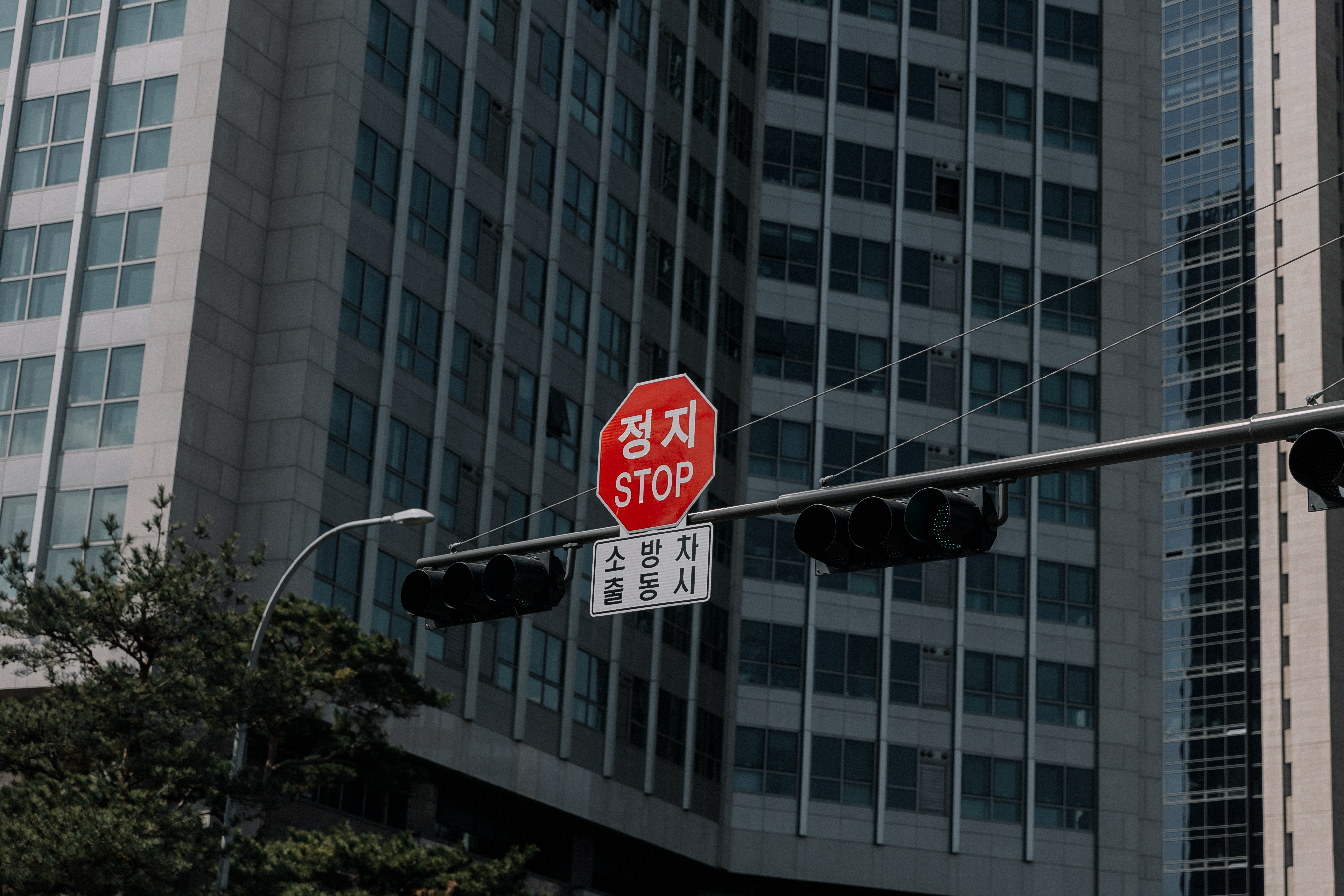 Stop sign with Korean script amidst tall modern buildings representing urban architecture.