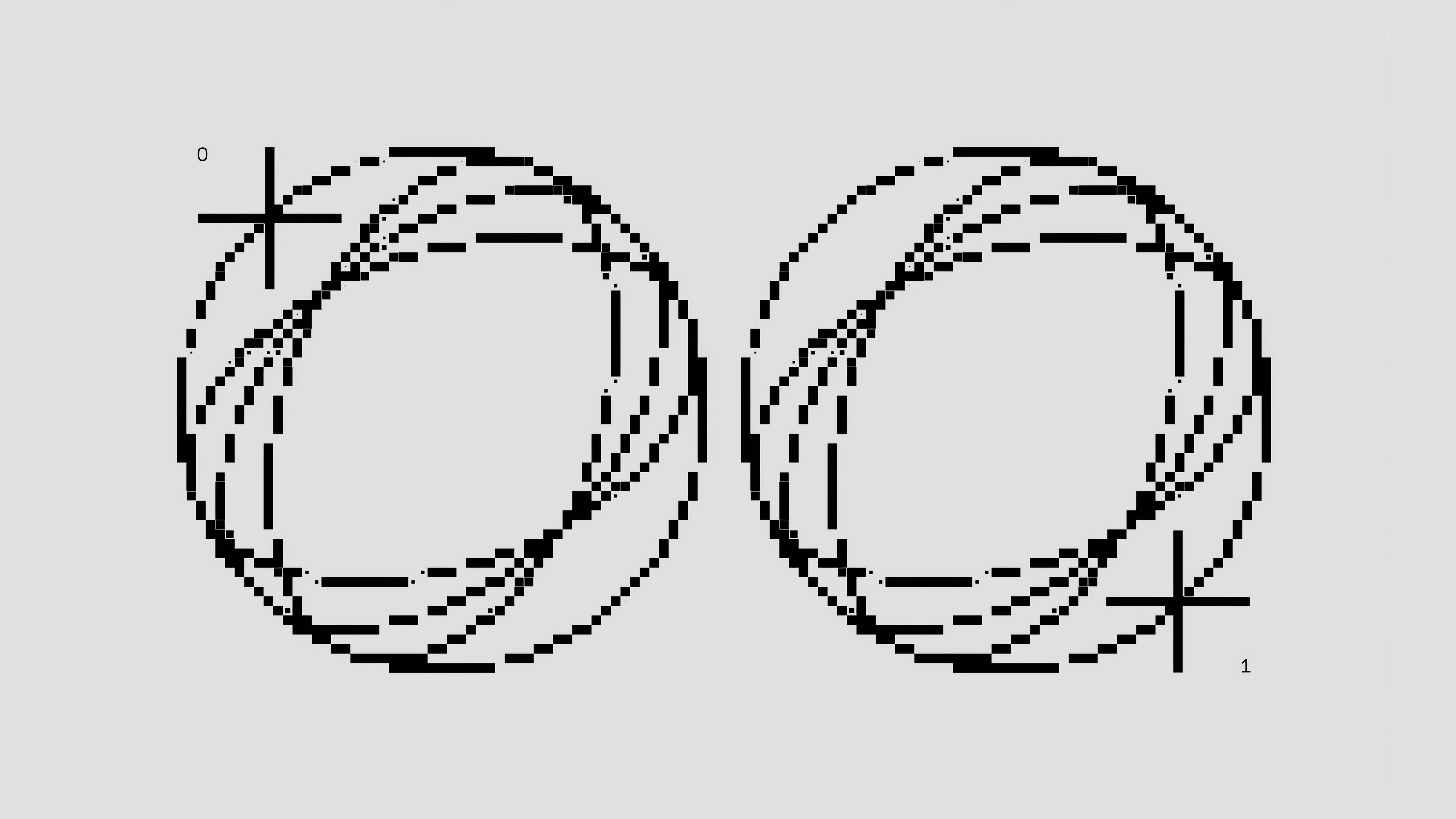 Intricate black and white pixel art featuring circular patterns with binary symbols, showcasing abstract shapes.